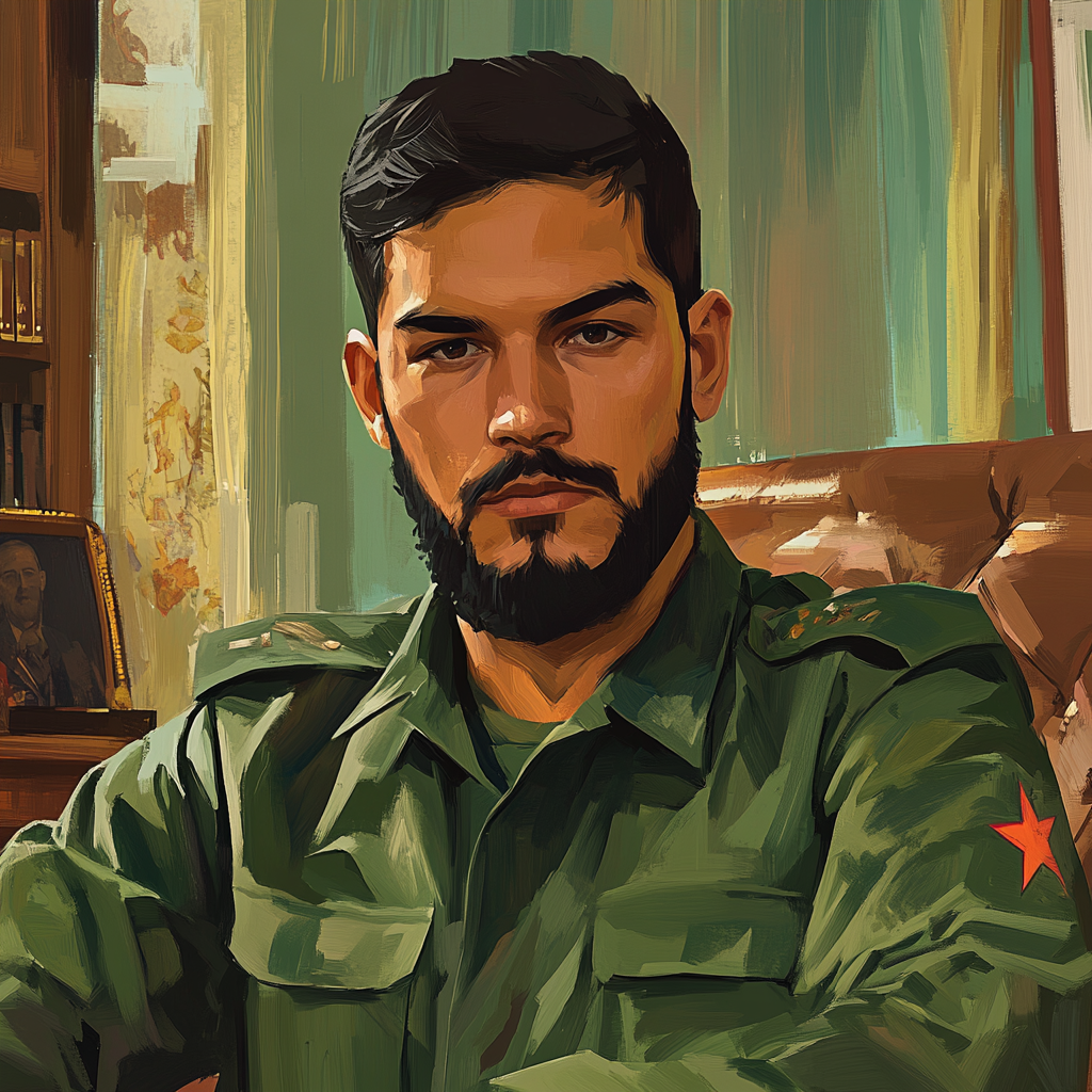 Illustration of communist dictator at 20, wearing fatigues.