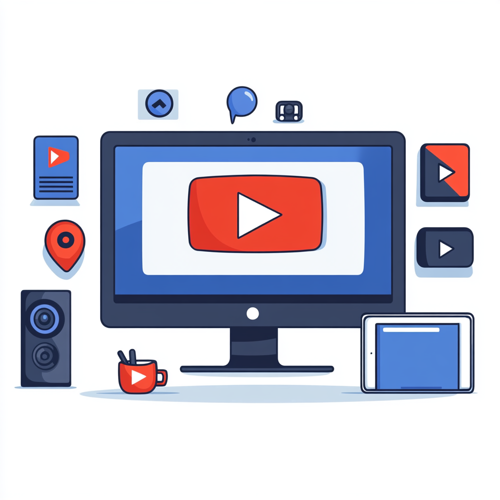 Illustration of computer or tablet screen with YouTube logo.