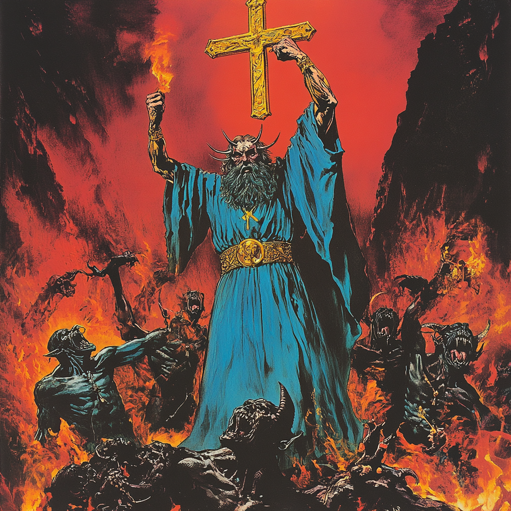 Illustration of devil in blue robes surrounded by demons