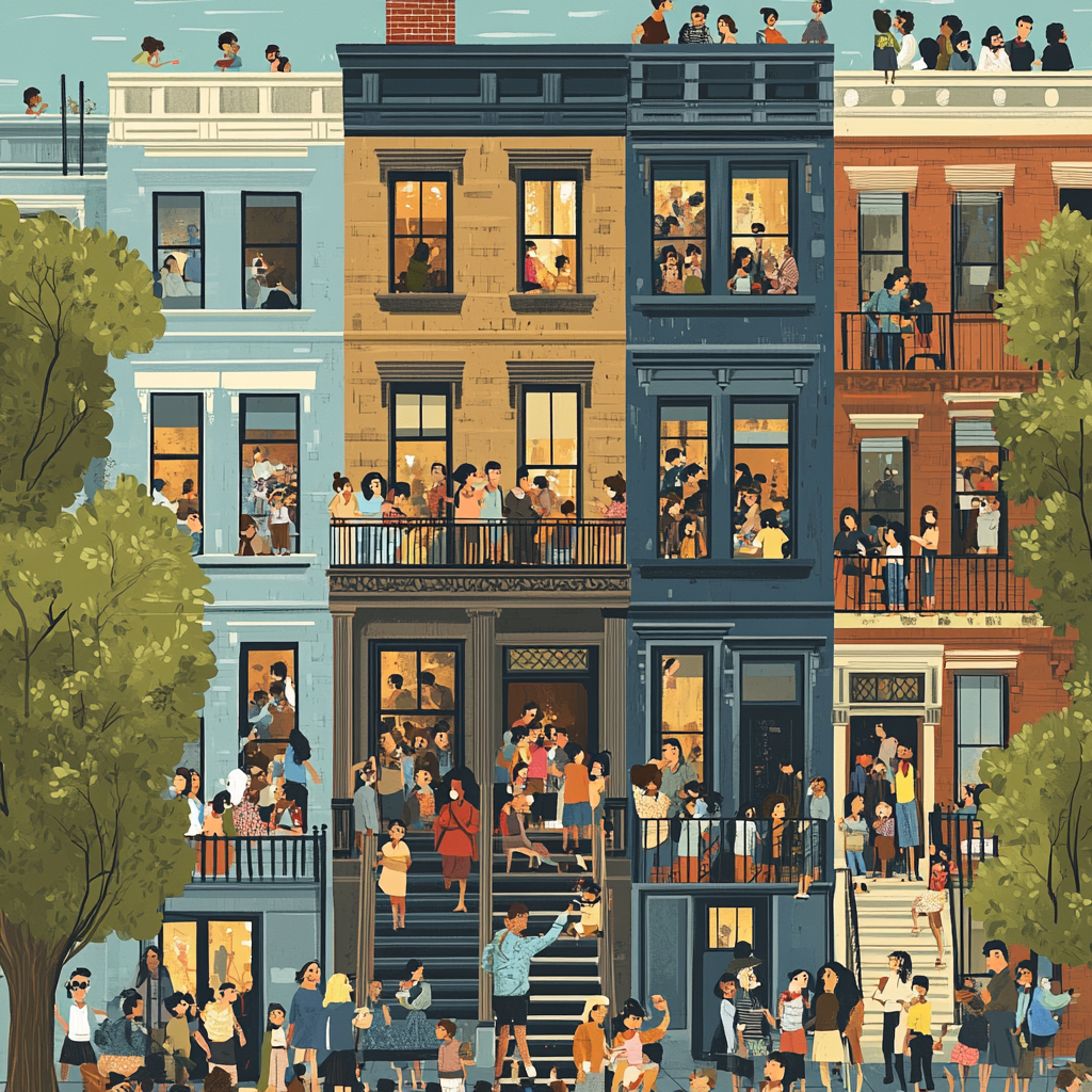 Illustration of diverse, crowded brownstone - chaotic, love-filled.