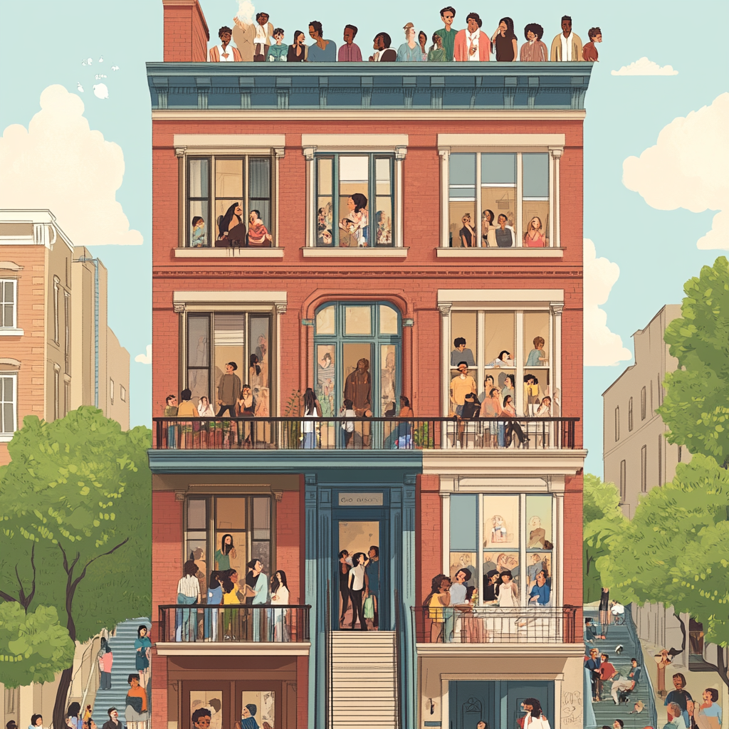 Illustration of diverse people in Brooklyn brownstone apartment.