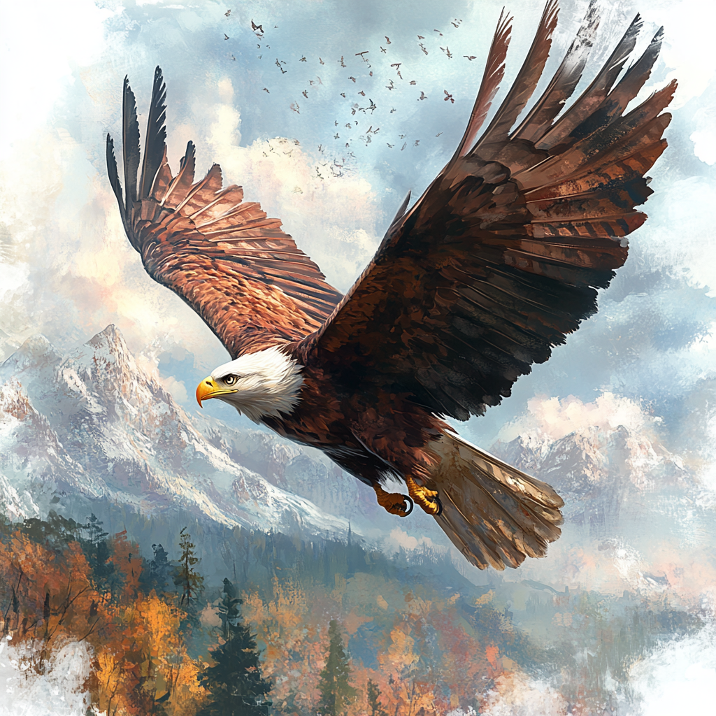 Illustration of eagle flying over landscape, vivid colors.