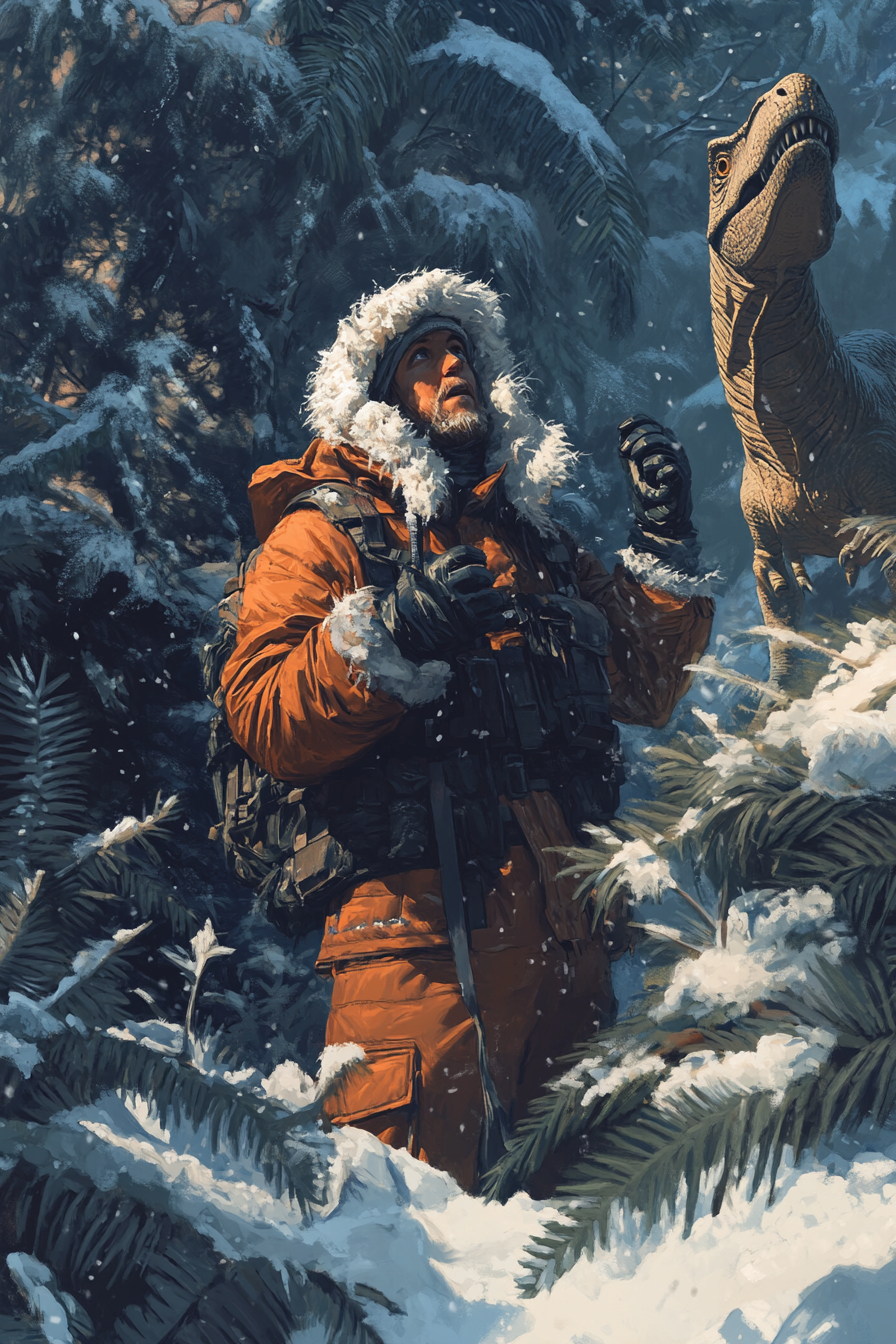 Illustration of explorer in winter gear in dinosaur forest.