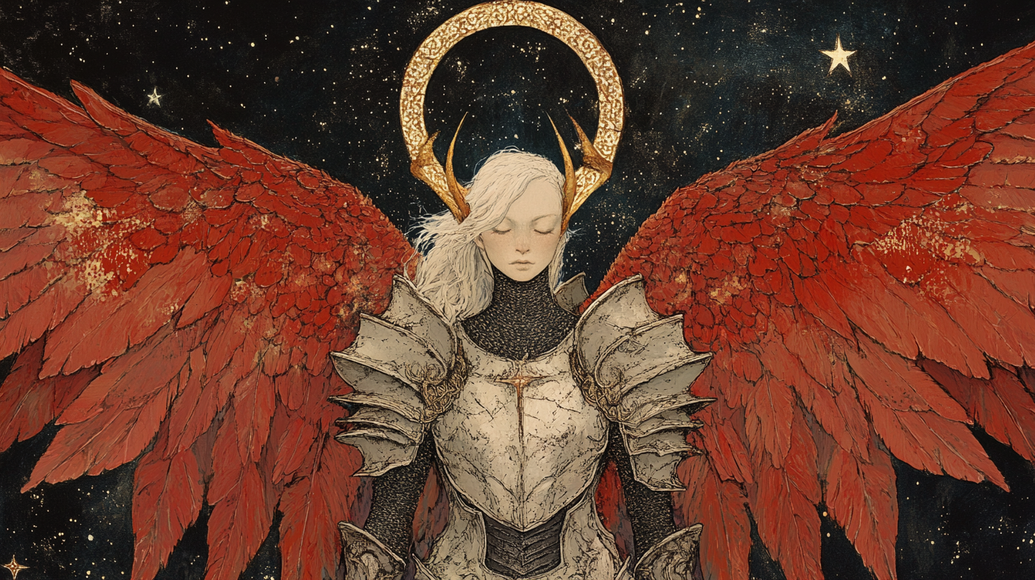 Illustration of female seraph fallen with red wings.