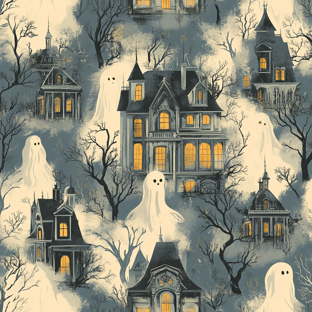 Illustration of haunted mansion with eerie ghostly figures.