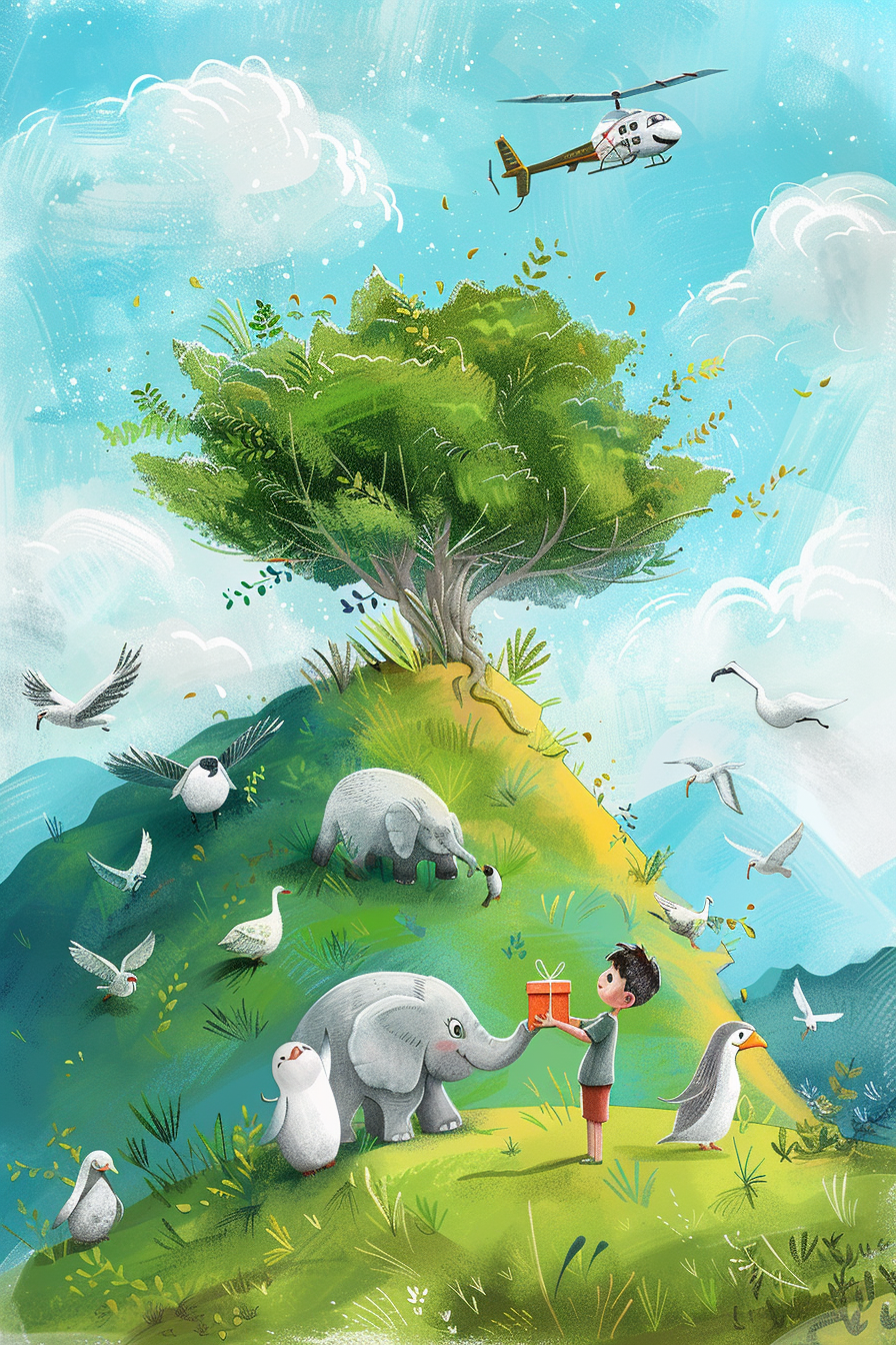 Illustration of joyful boy with gift from cute elephant.