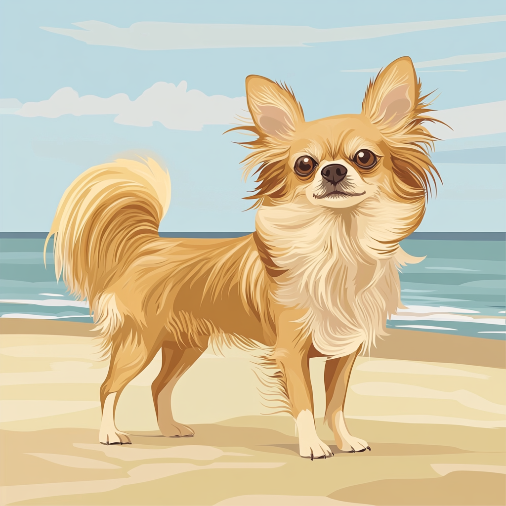 Illustration of long-haired Chihuahua on beach with lion-like fur.