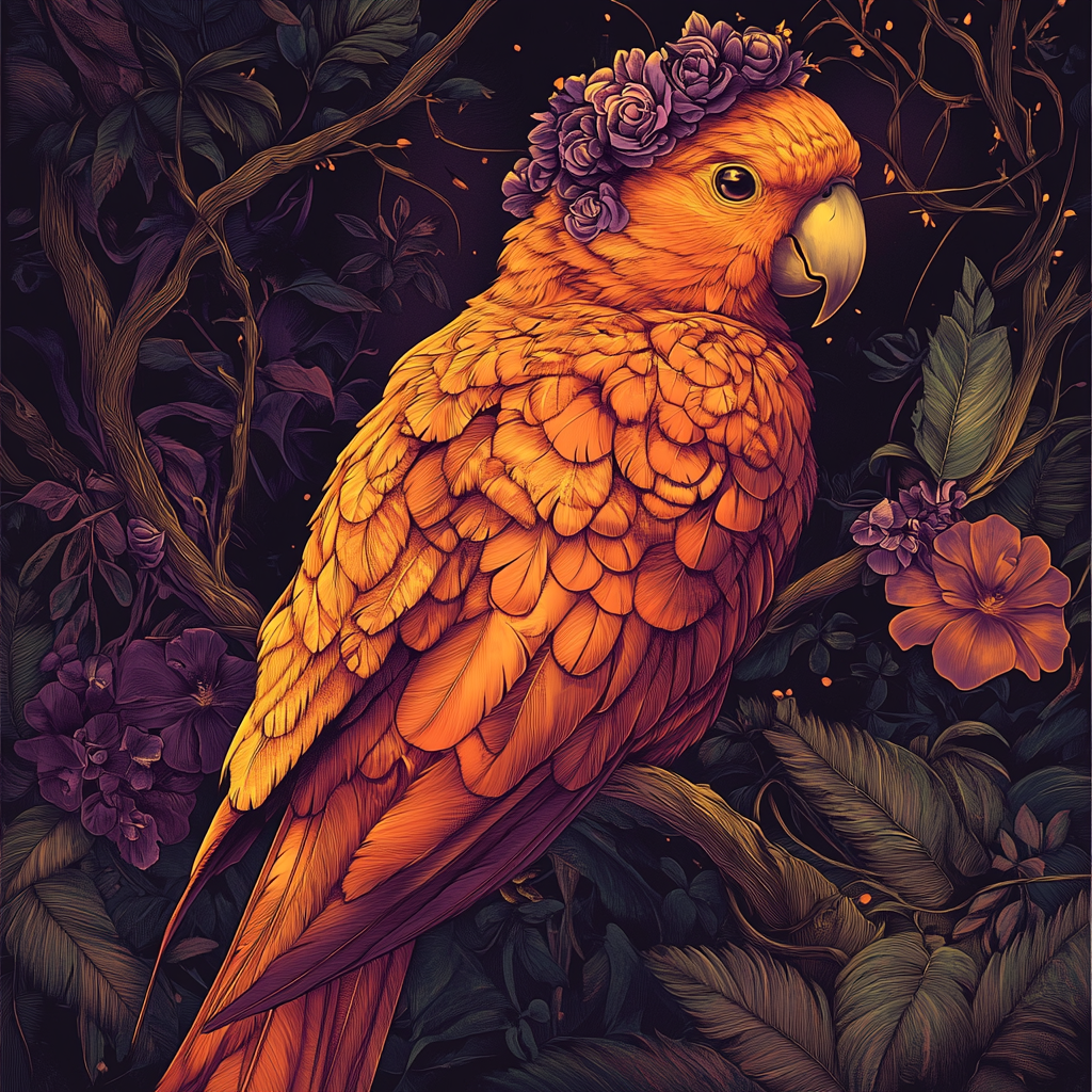 Illustration of majestic orange parrot with royal crown.