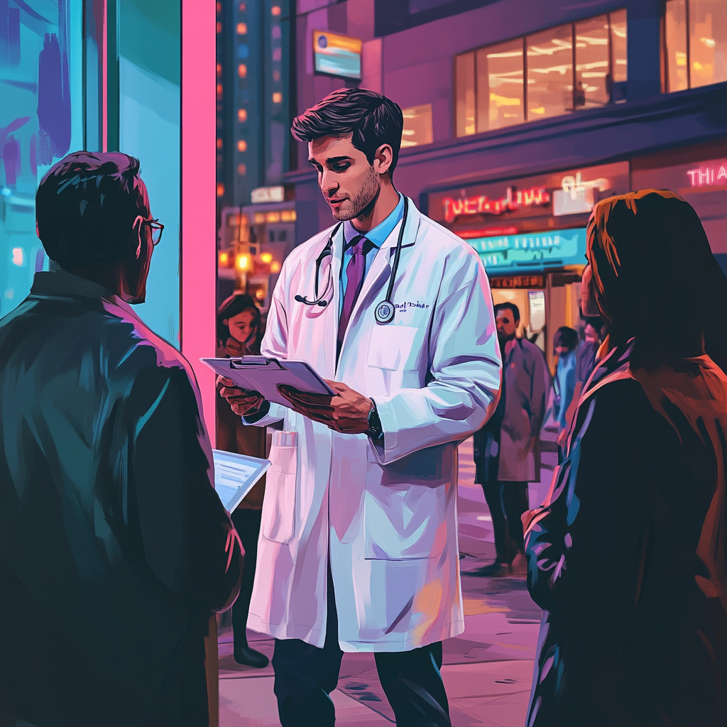 Illustration of male doctor interacting with healthcare colleagues.