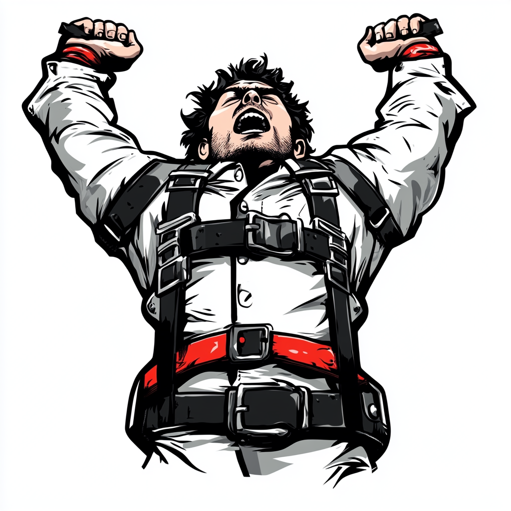 Illustration of man in white with black leather restraints.