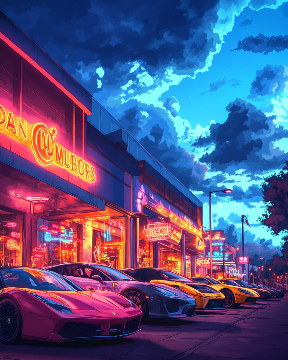 Illustration of nightclub with neon sign, parked sports cars.