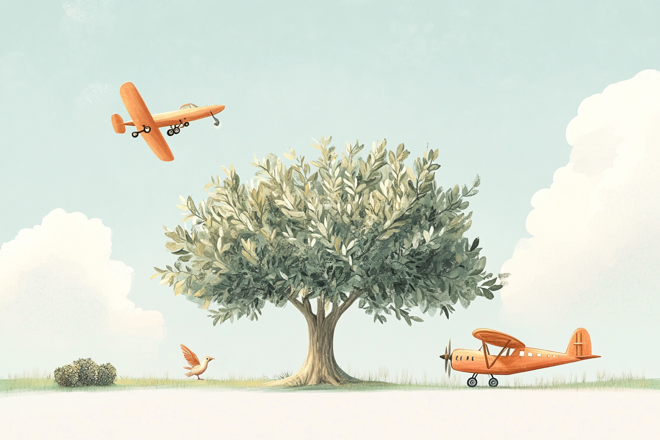 Illustration of olive tree surrounded by whimsical flying objects.