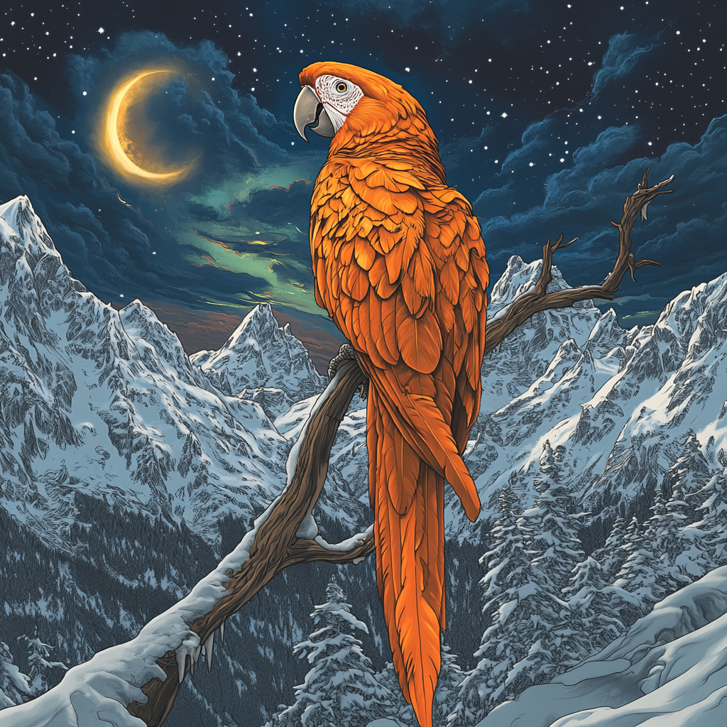 Illustration of orange parrot on branch with mountains, Northern Lights