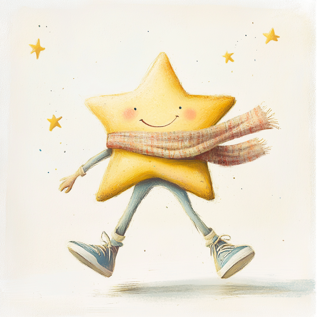 Illustration of playful star in scarf, sports shoes.