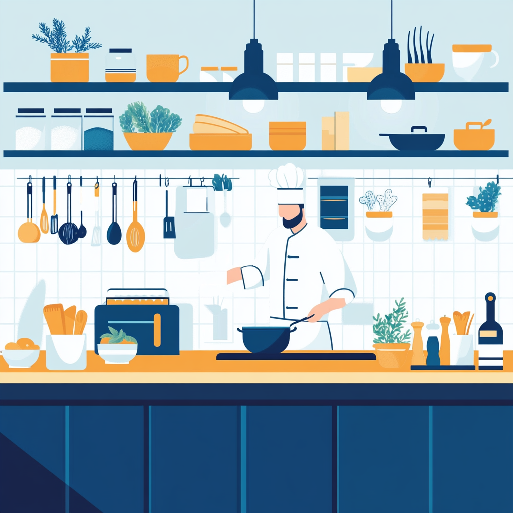 Illustration of professional kitchen with fresh ingredients and chef.