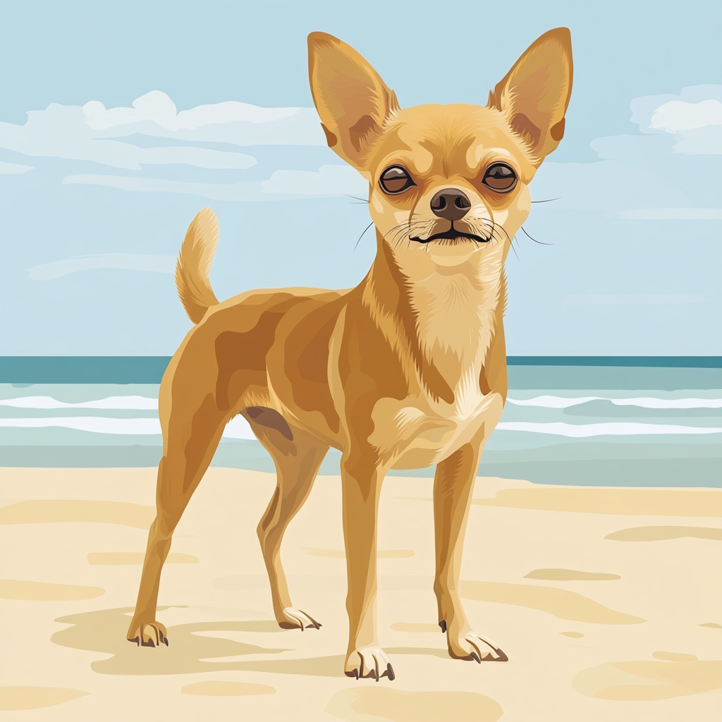 Illustration of short-haired Chihuahua on sandy beach.