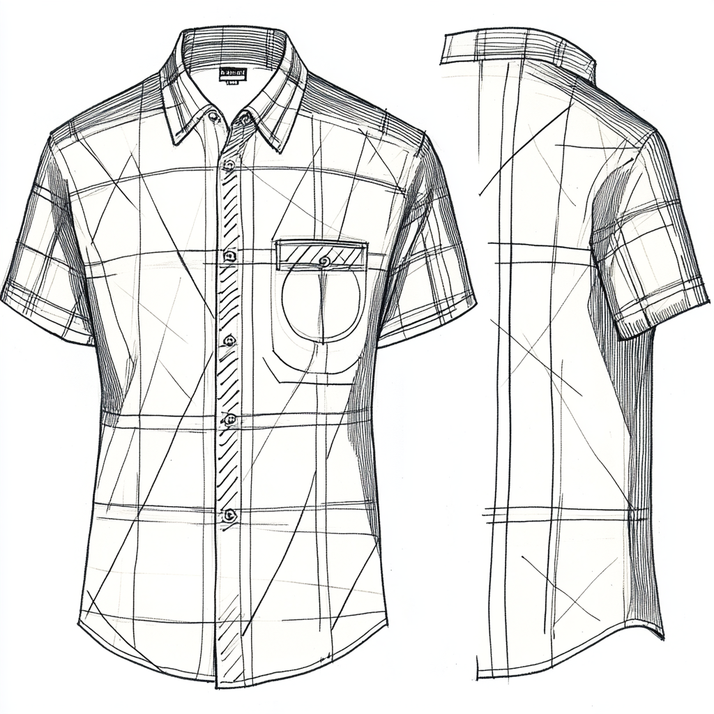 Illustration of short-sleeve shirt design with abstract round and square pattern.