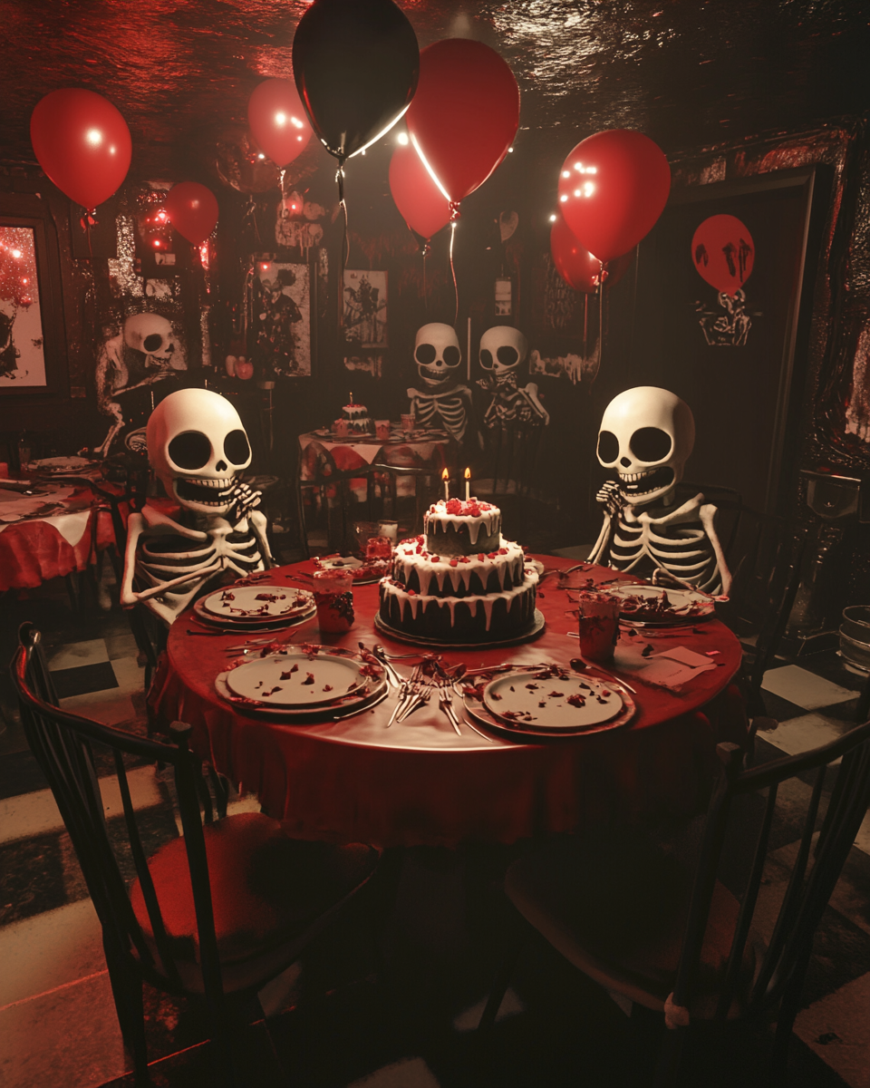 Illustration of skeletons eating cake at Ben's birthday party.