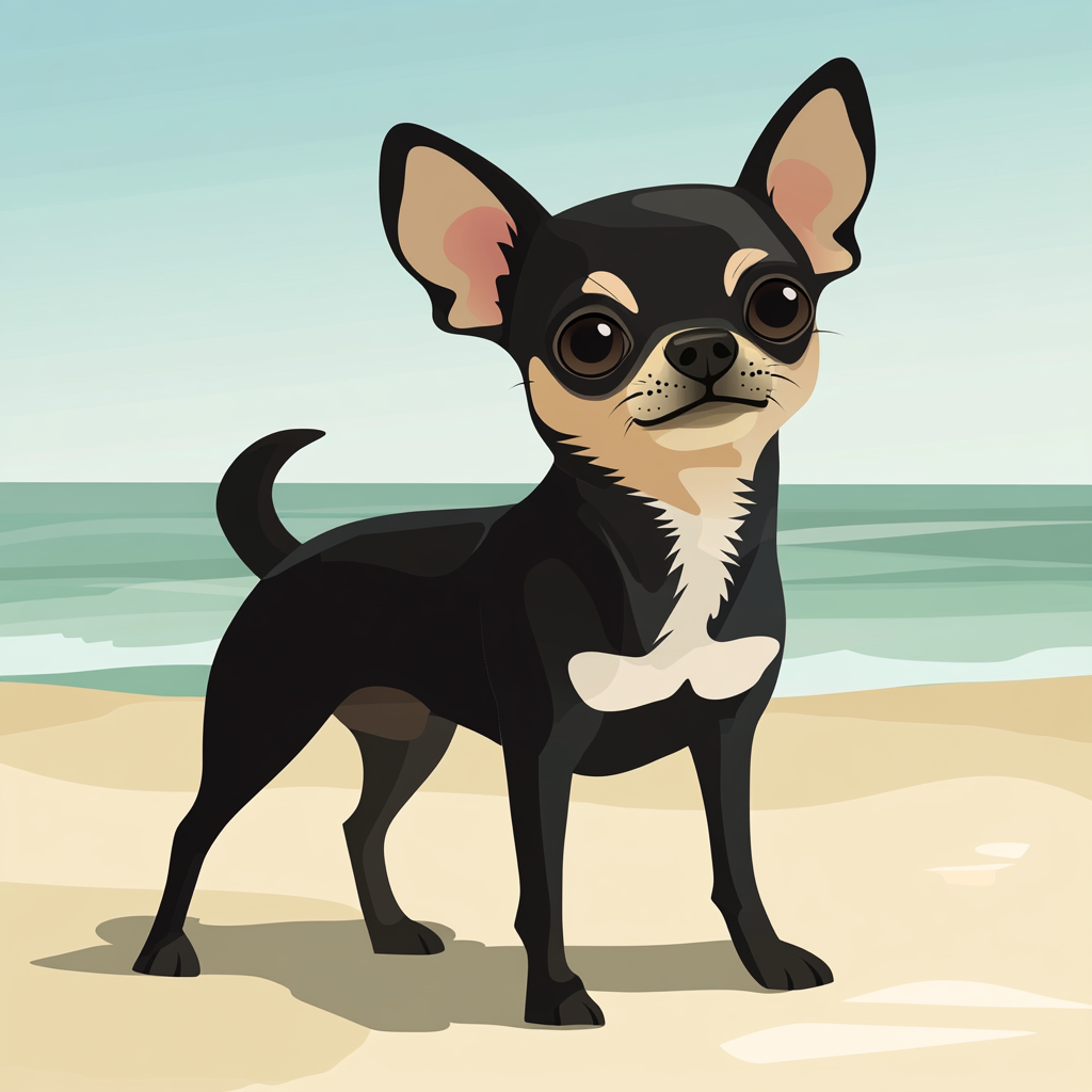 Illustration of small Chihuahua with black coat on beach.