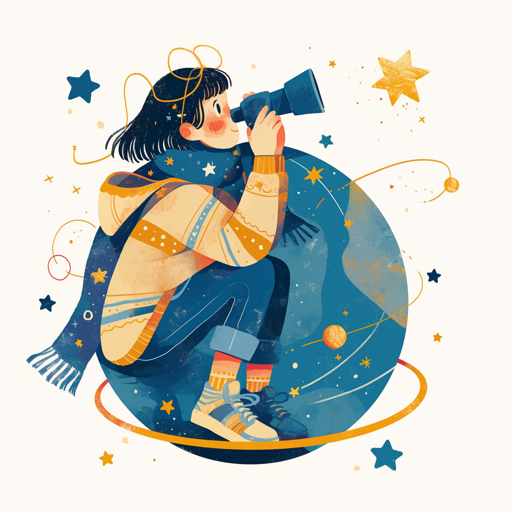 Illustration of star looking at earth with binoculars.