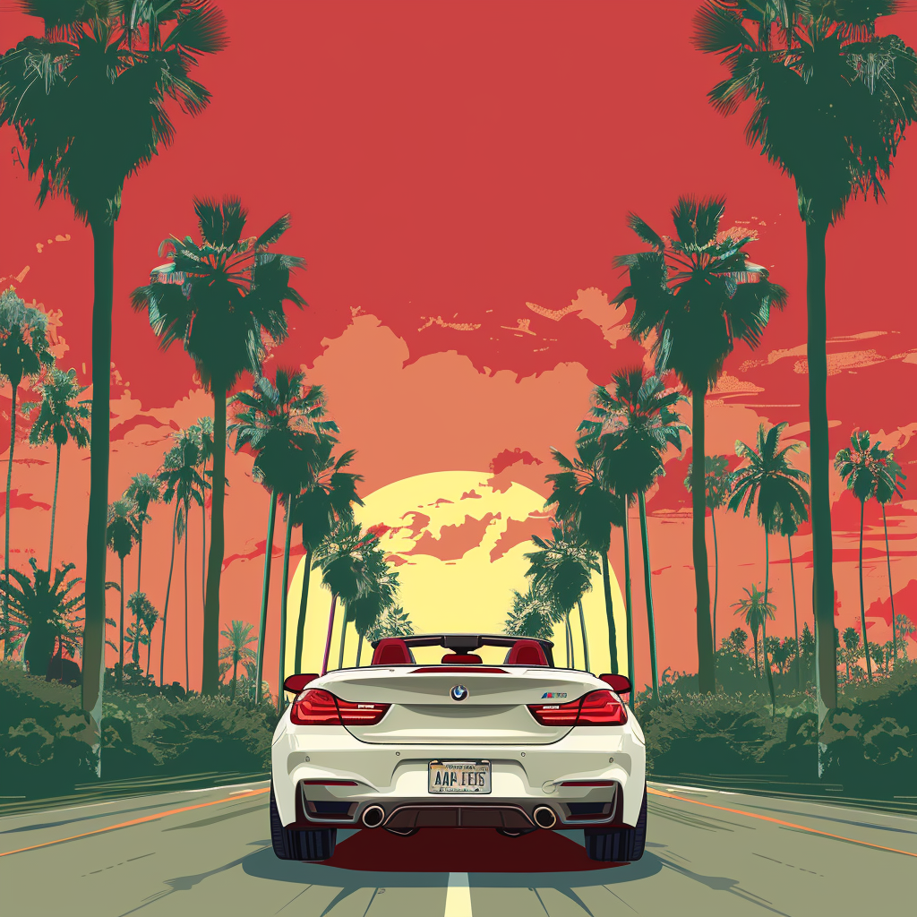 Illustration of sun shining on palm trees road view.