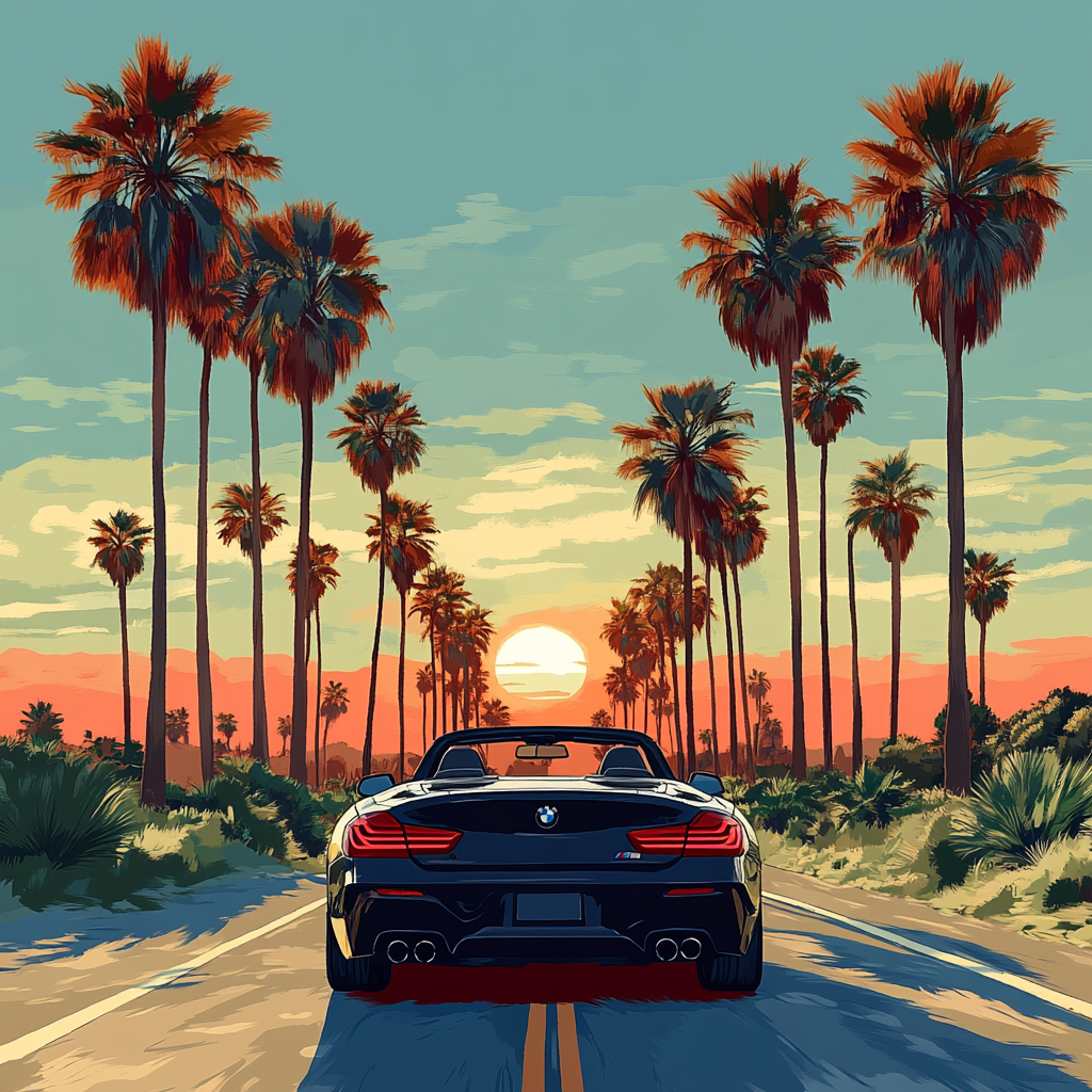 Illustration of sunlit road horizon from black BMW convertible.