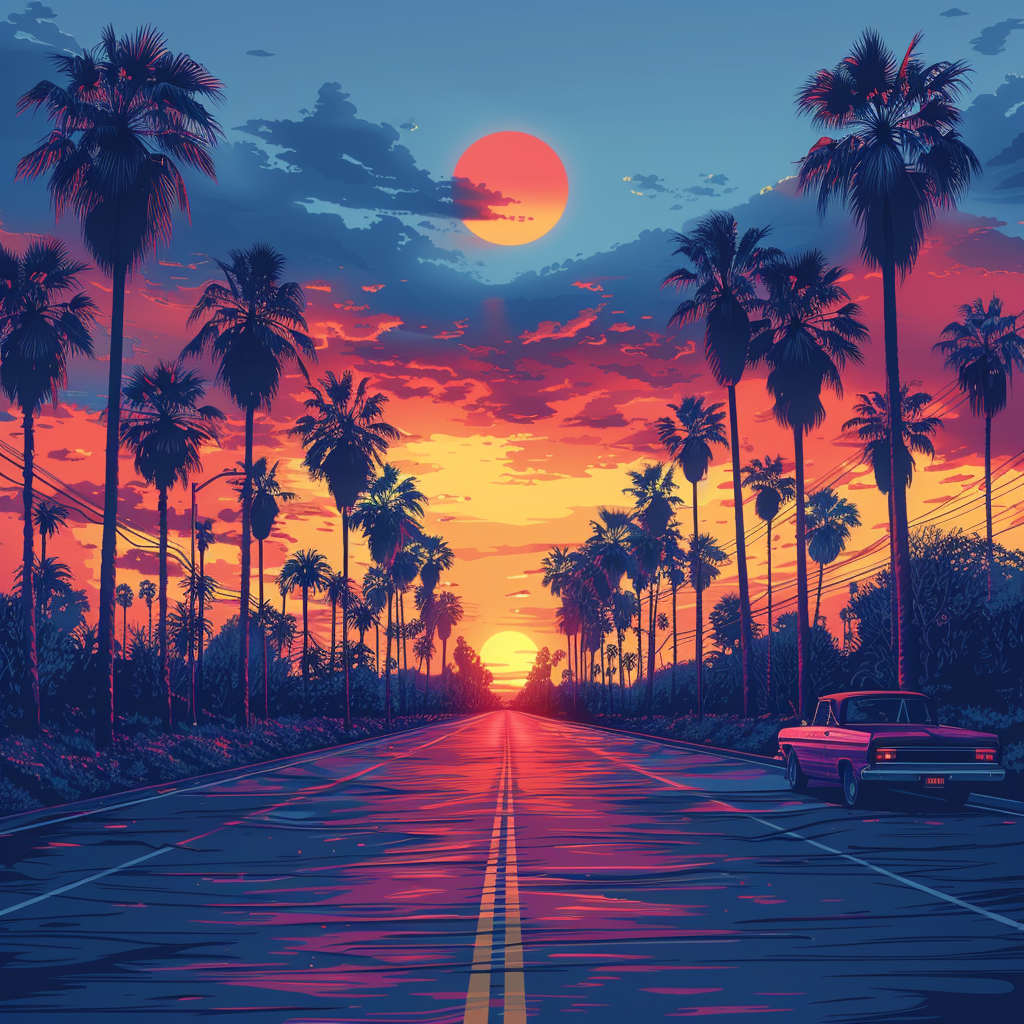 Illustration of sunset view from convertible with palm trees.