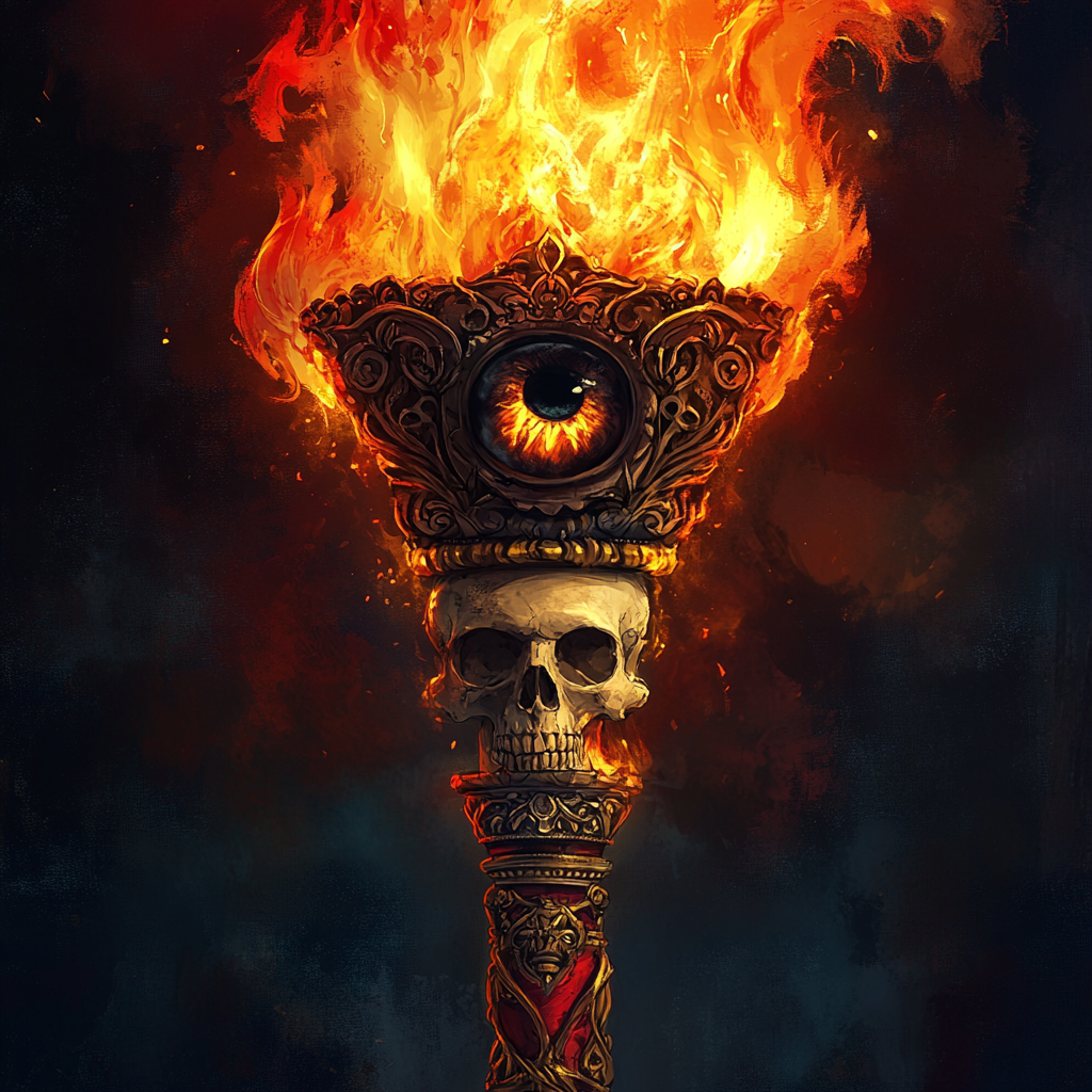 Illustration of torch with eye and skull detail.