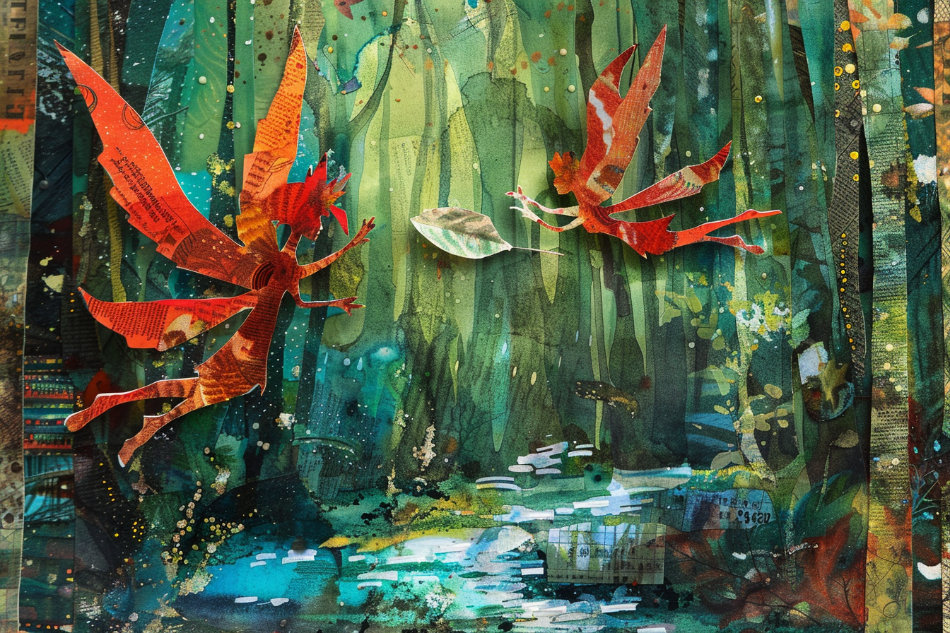 Illustration of two red fairies flying in forest.