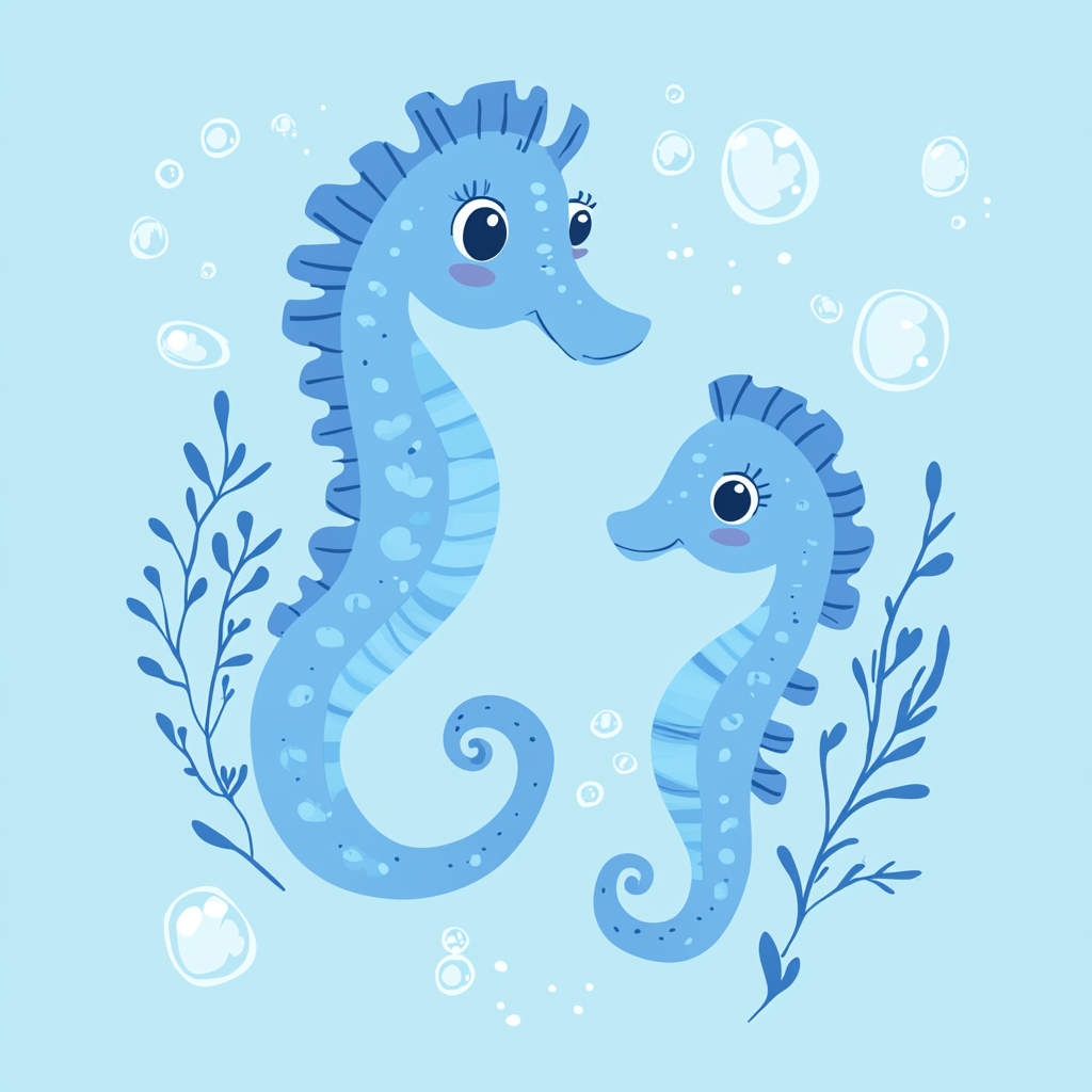 Illustration of two seahorses on light blue background.