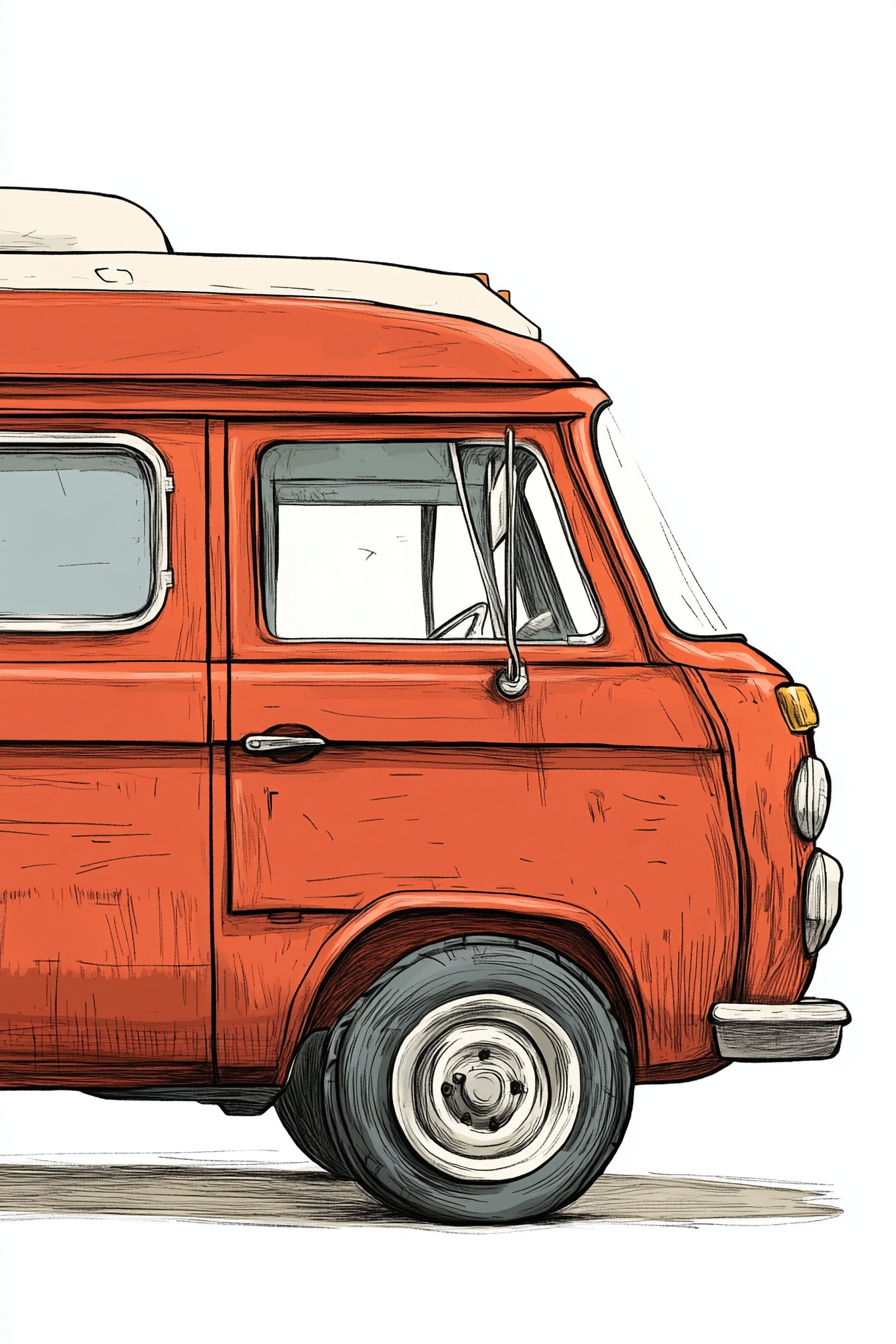 Illustration of vintage red van with inked details.