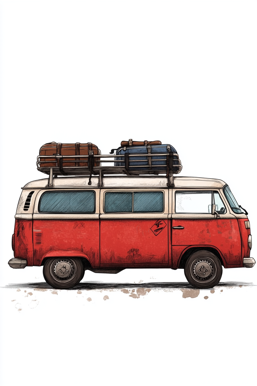 Illustration of vintage red van with luggage on roof.