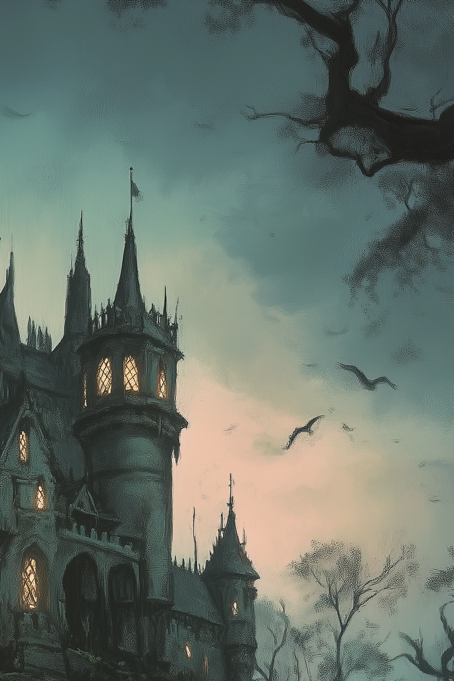 Illustration of whimsical castle on hill in haunted forest.