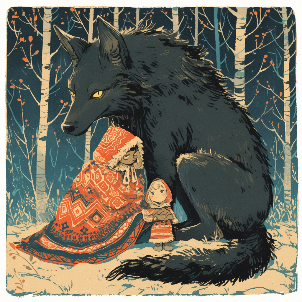 Illustration of wolf protecting boy in dark forest.