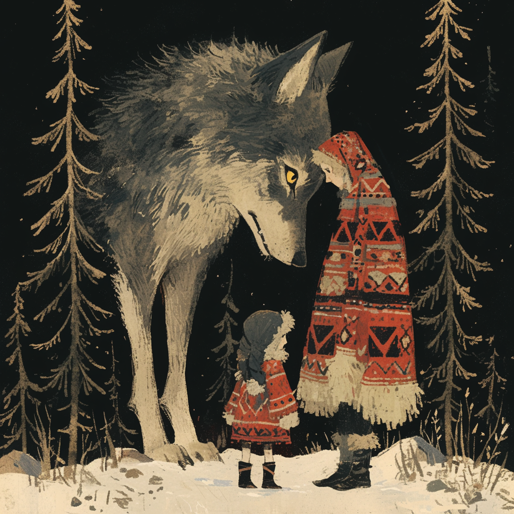 Illustration of wolf protecting infant boy in folk style.