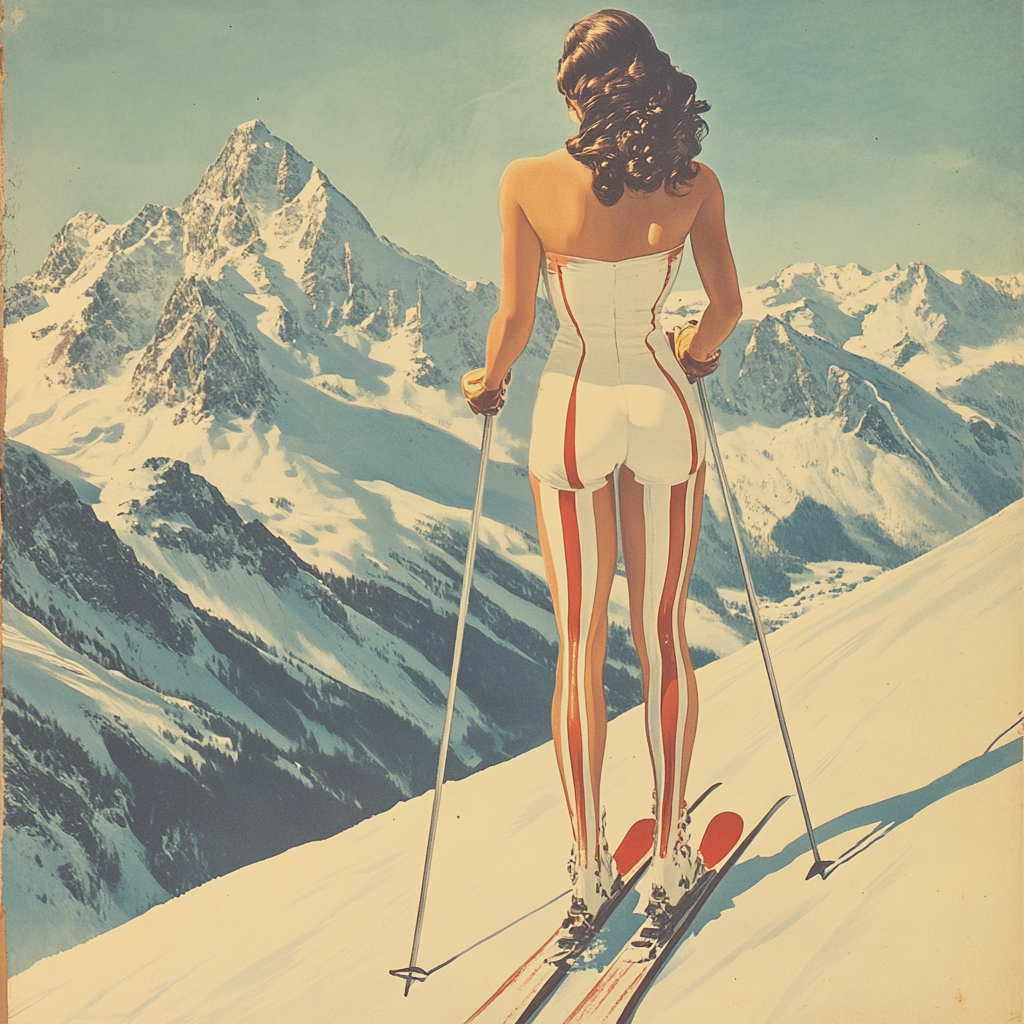 Illustration of woman skiing on mountain in vintage suit.