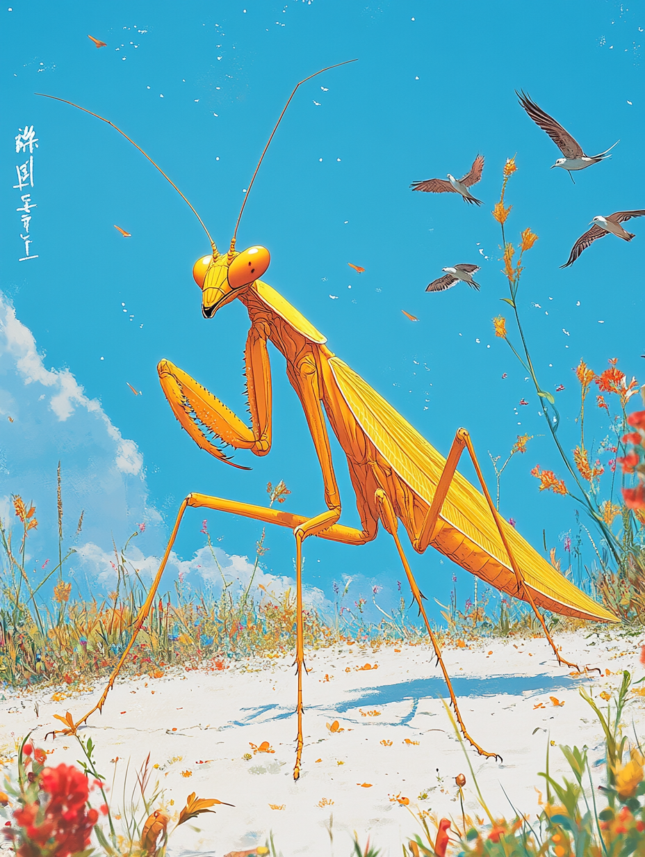 Illustration of yellow mantis in surreal landscape art.