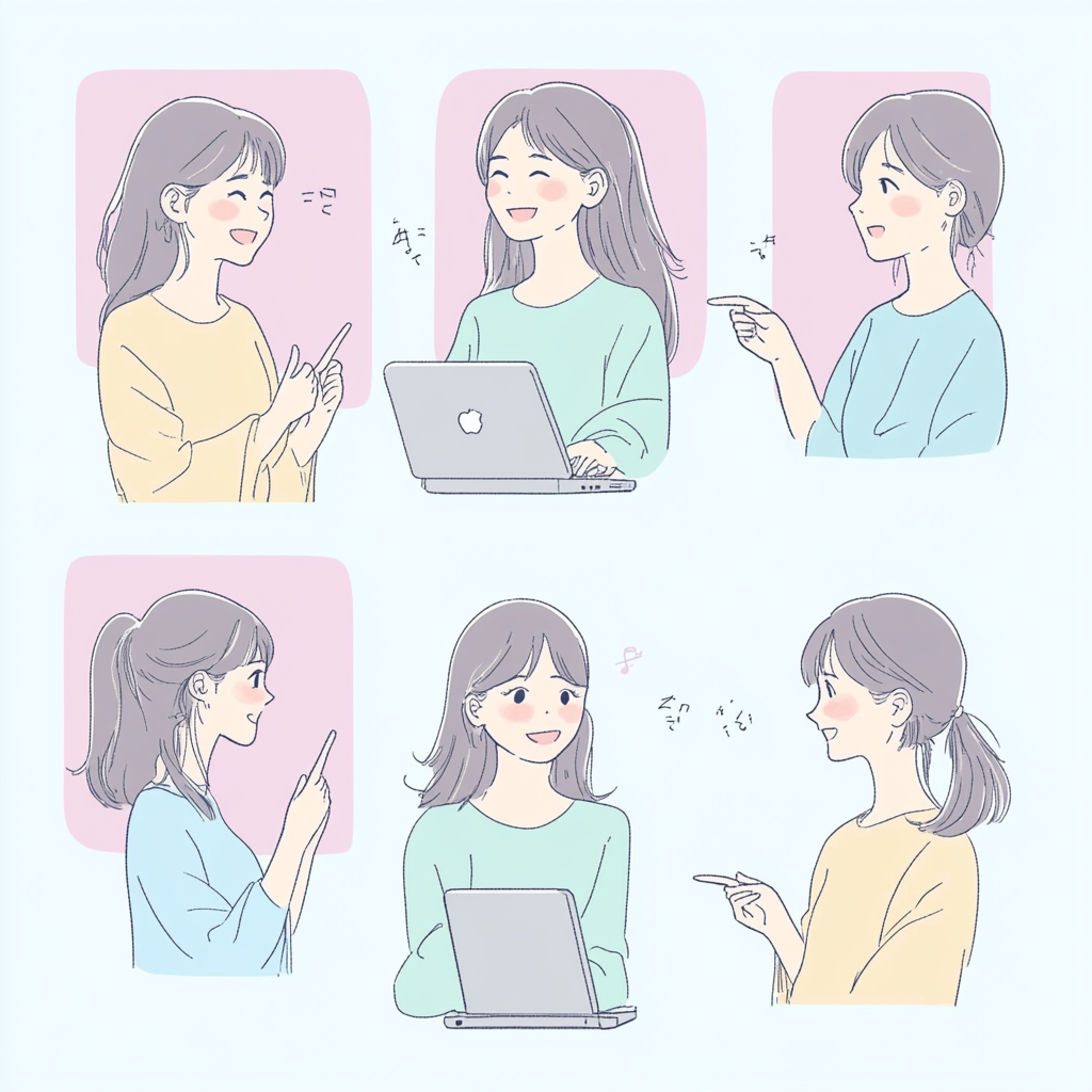 Illustration of young Japanese woman with Mac computer.