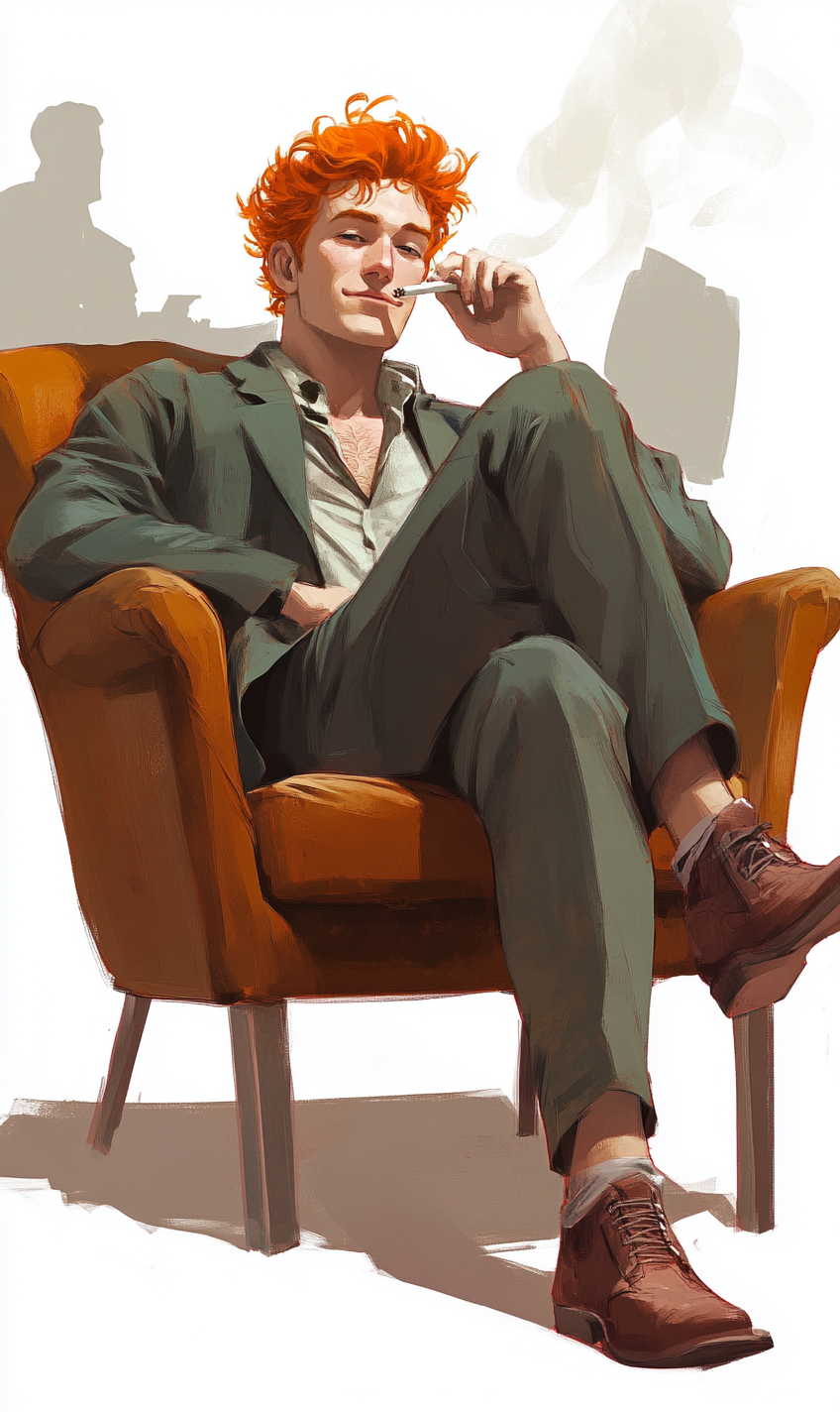 Illustration of young man smoking in chair with smile.