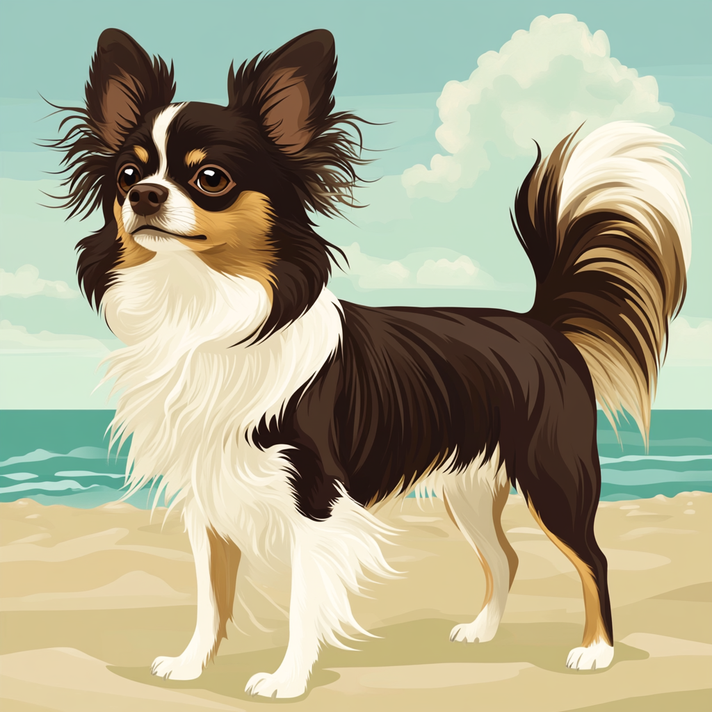 Illustration: Chihuahua with long hair, majestic, sandy beach.