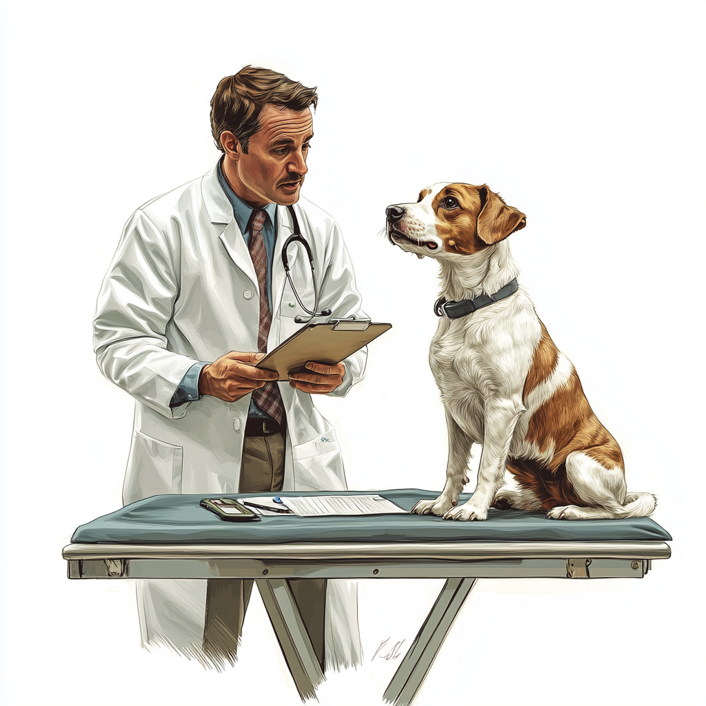 Illustration: Dog on table, vet with clipboard, white background.