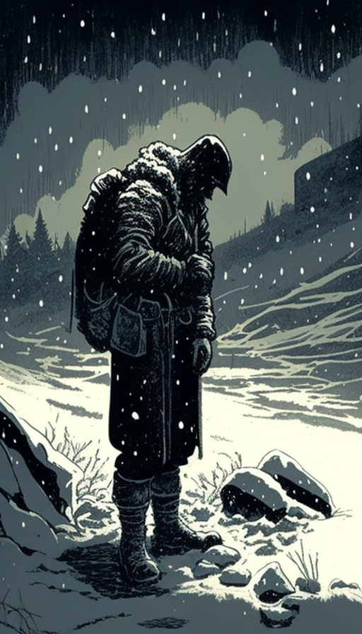 Illustration: Soldiers in tattered clothing, collapsing in snow wasteland.