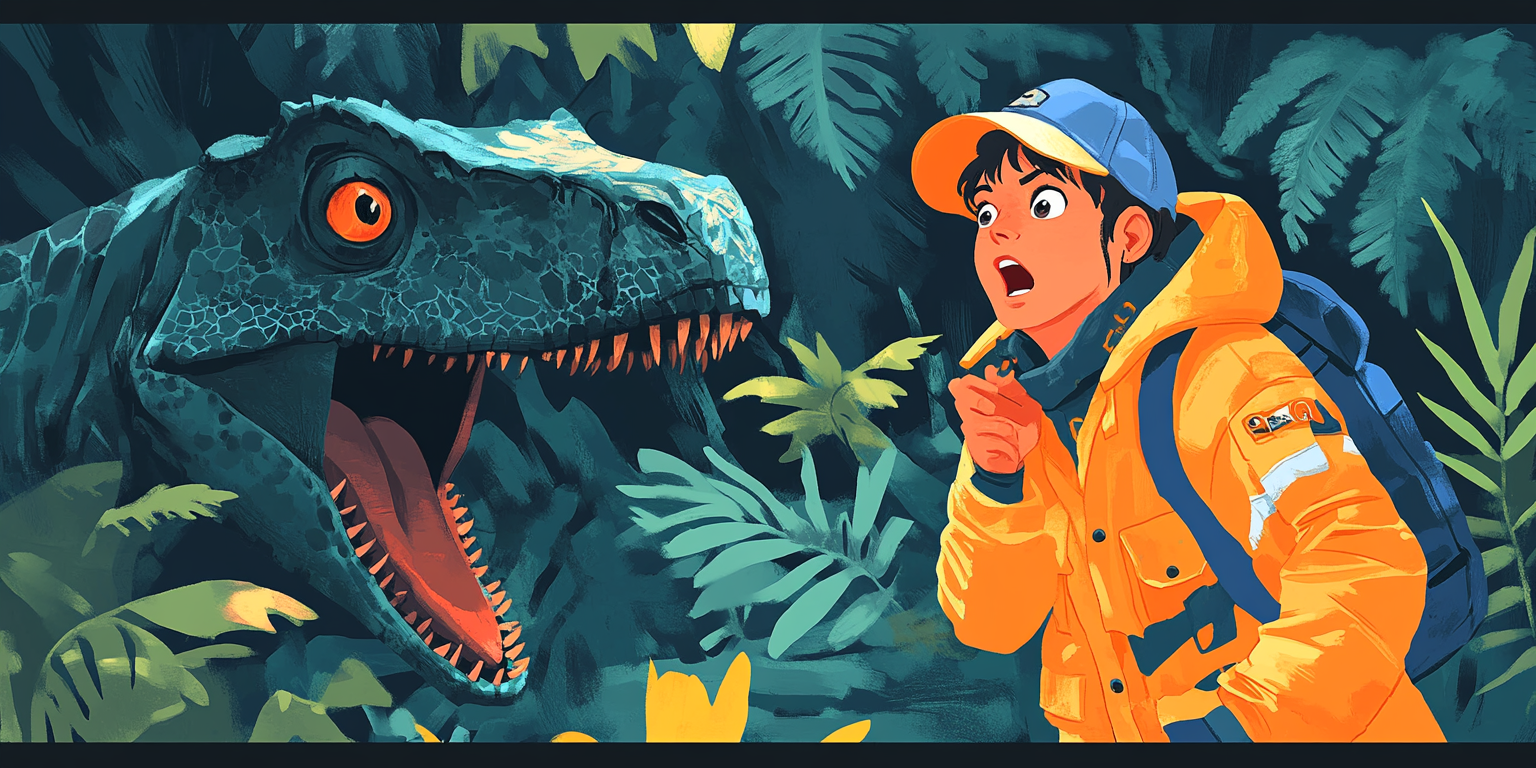 Illustration: surprised polar explorer in Mesozoic forest with dinosaur.