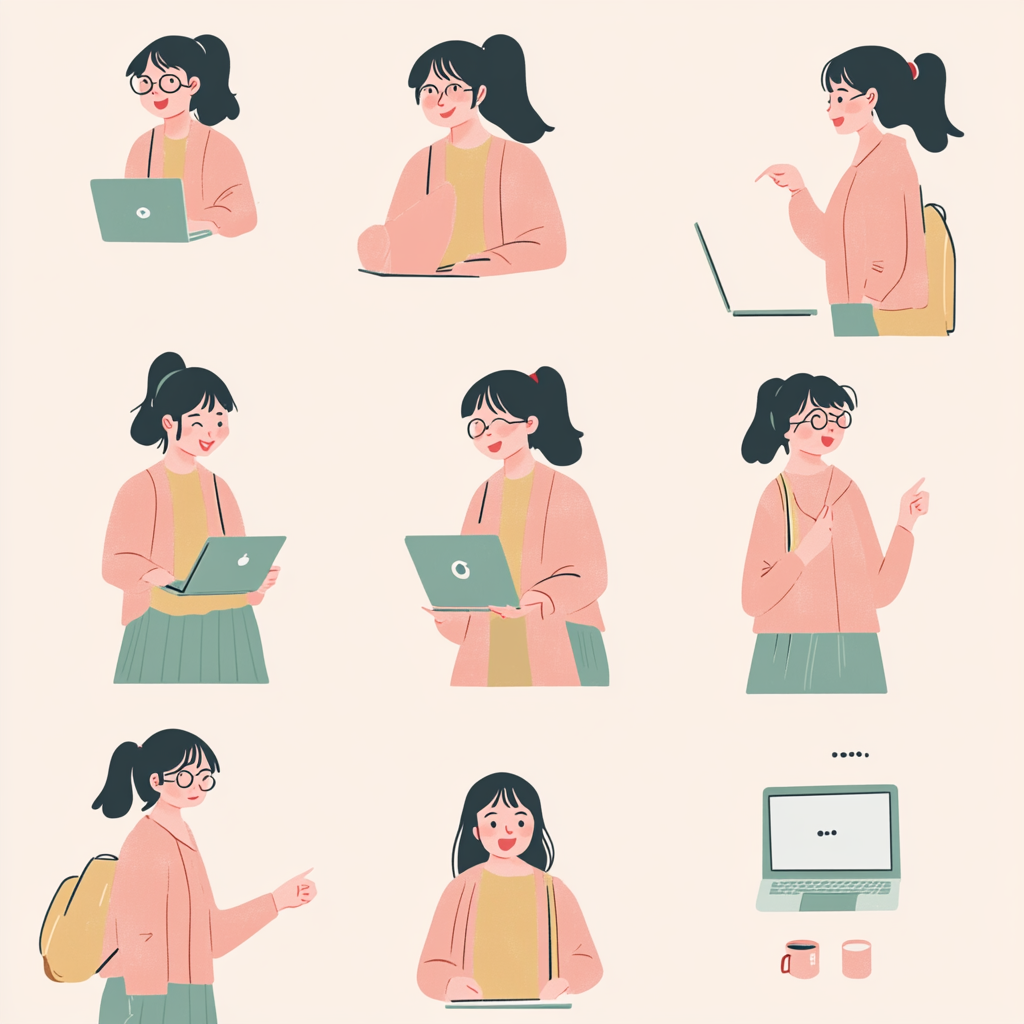 Illustrations of Japanese woman with Mac computer, calm style.