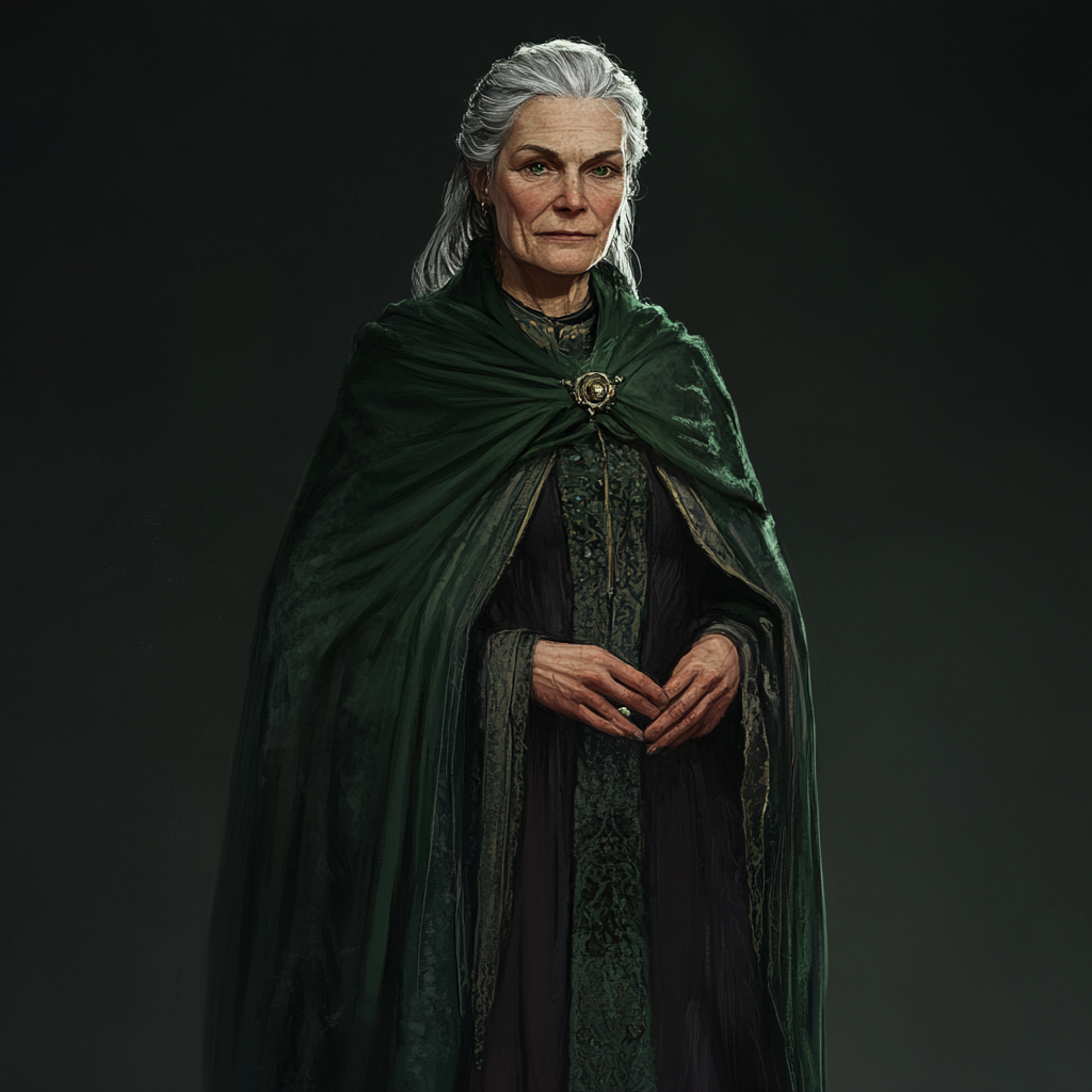 Ilma, wise and weathered herbalist in dark green cloak.