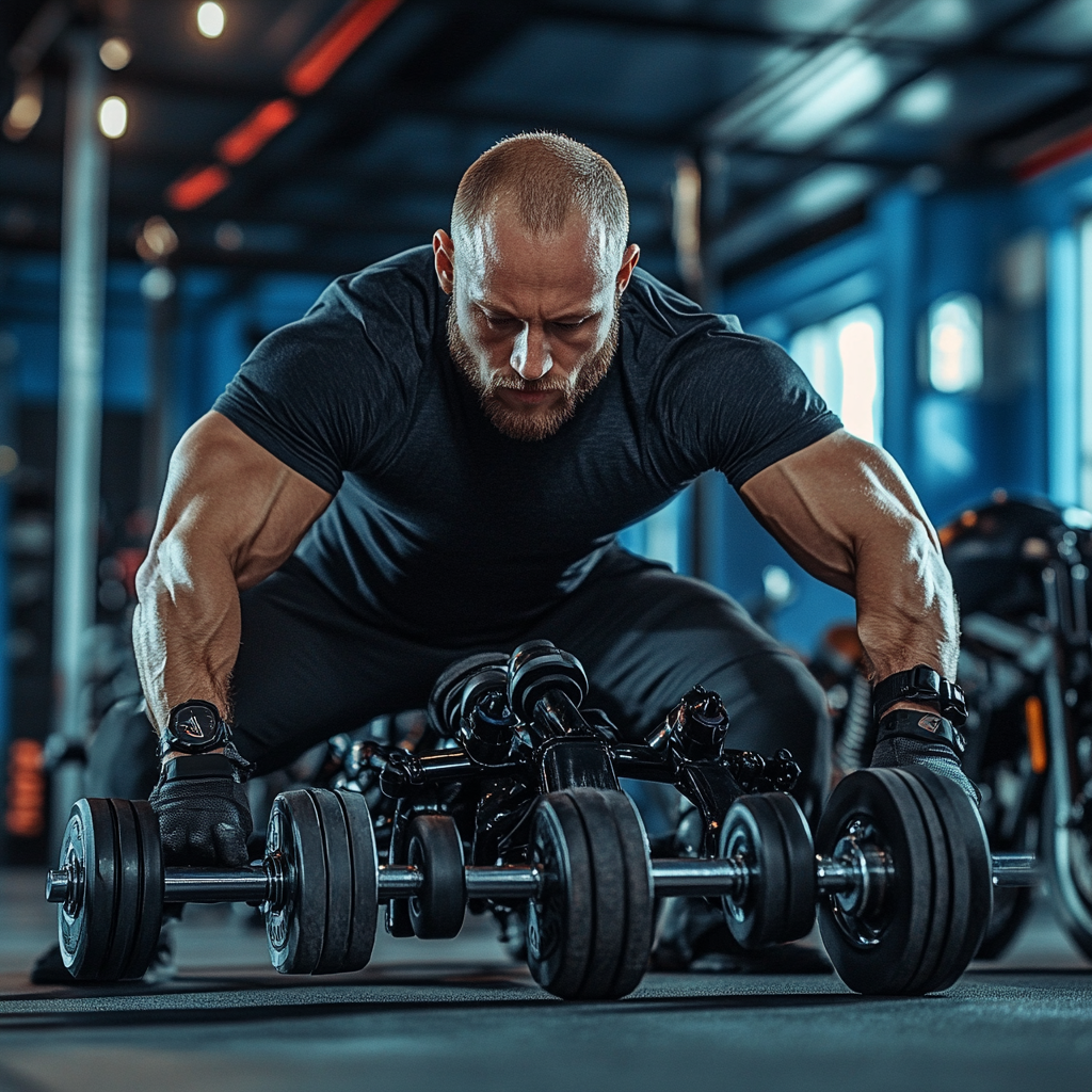 Image alt text: Motorcyclist strengthening core and upper body at gym.