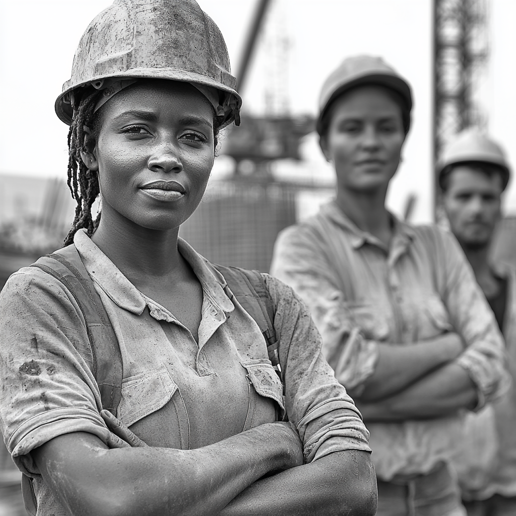 Image of African man, European woman, and workers.