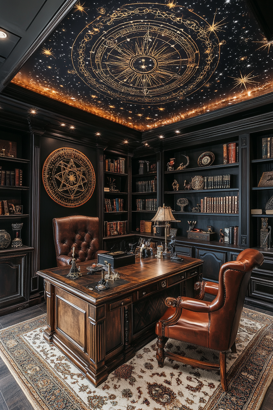 Image of Gothic-themed study with mystic symbols.