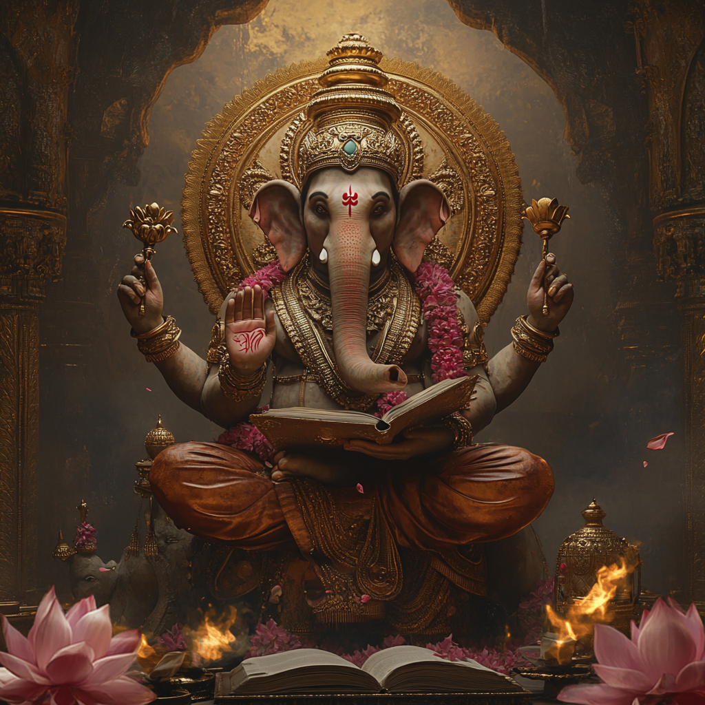 Image of Hindu god Brihaspati on elephant, realistic.