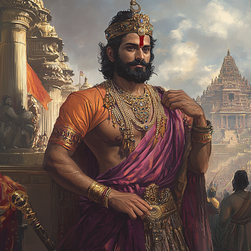 Image of King Chandragupta Morya: Regal attire, powerful stature